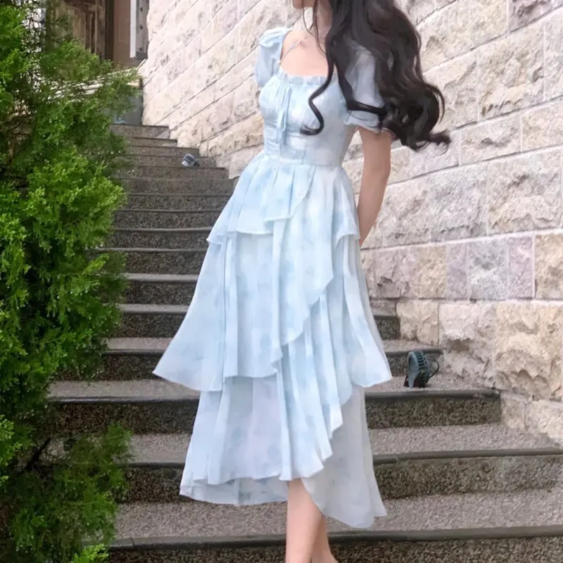 2025 Irregular Chiffon Summer New Style Slim Floral Dress