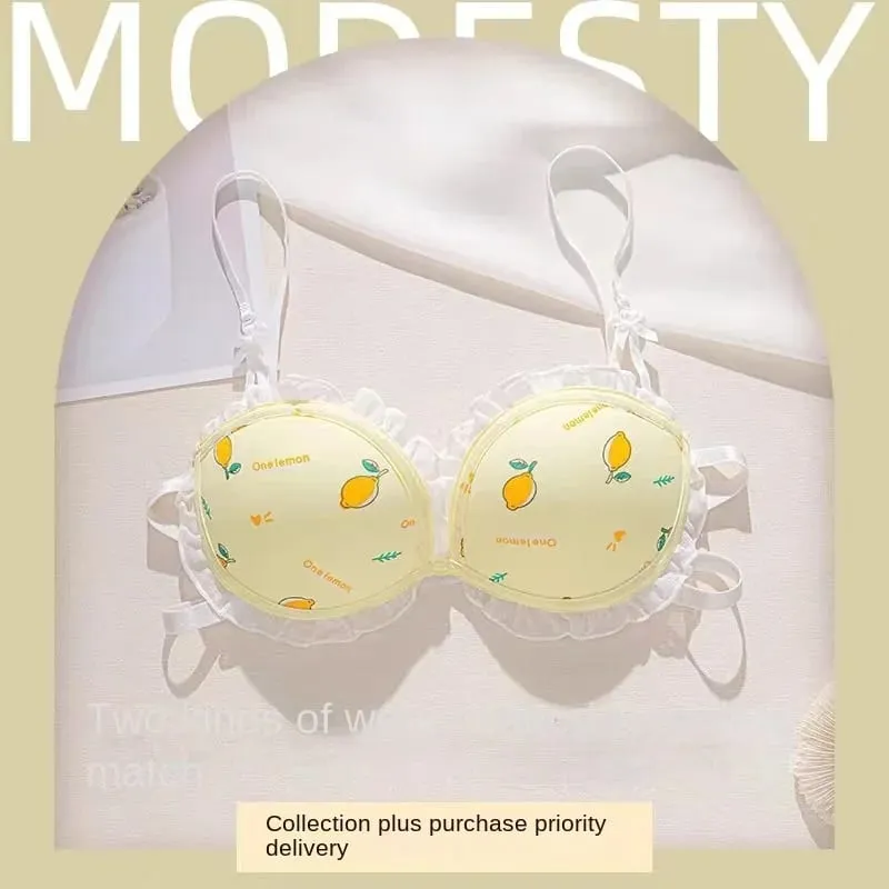 Strawberry 100% Lolita Collection Small Breasts Thin Cartoon Print Underwear Without Wire Back Pure Desire Bra Cover — image 9