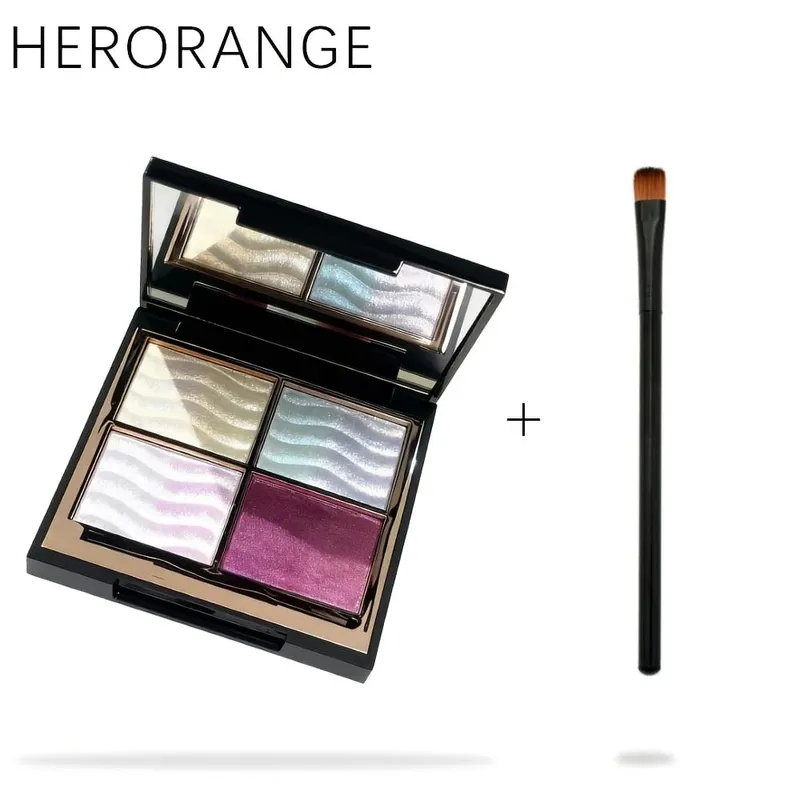 Herorange 4 Color Eyeshadow Palette with Brush Iridescent Glitter Shimmer Multi-Use as Highlight & Blush for Daily Party & Gift