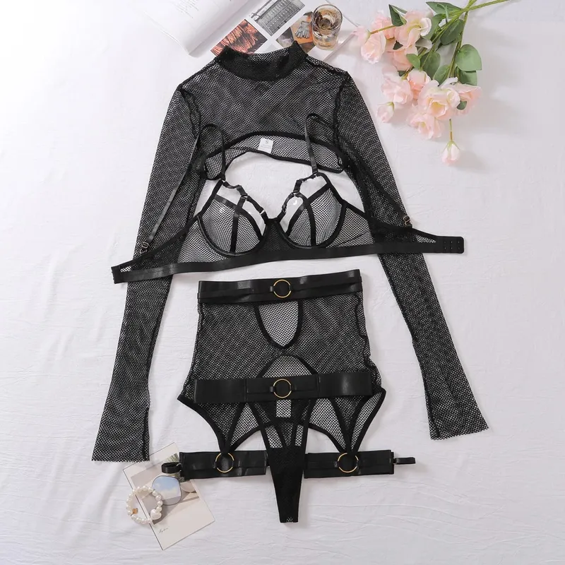 Mesh Hollow Transparent Erotic Bra Thong With Long Sleeve Ultra Short blouse Ladies Sexy Seductive Uniform Lingerie Set