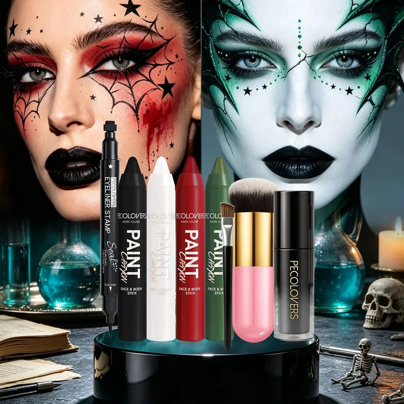 8PCS Halloween Gothic Facial Body Painting Suit Multi-color Paint Pen Star Eyeliner Pen Black Lipstick and Two Makeup Brushes — image 6