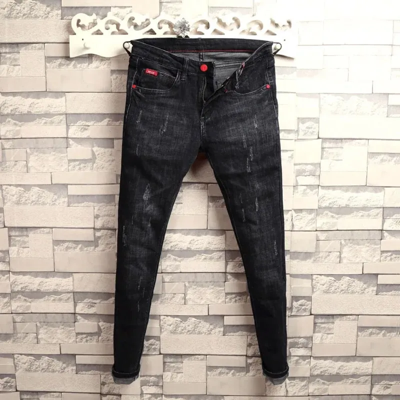 Autumn Winter 2022 Fashion Casual Student Korean Men's Solid Color Trousers Guy Casual Jeans Elastic Skinny Long Pencil Pants — image 2