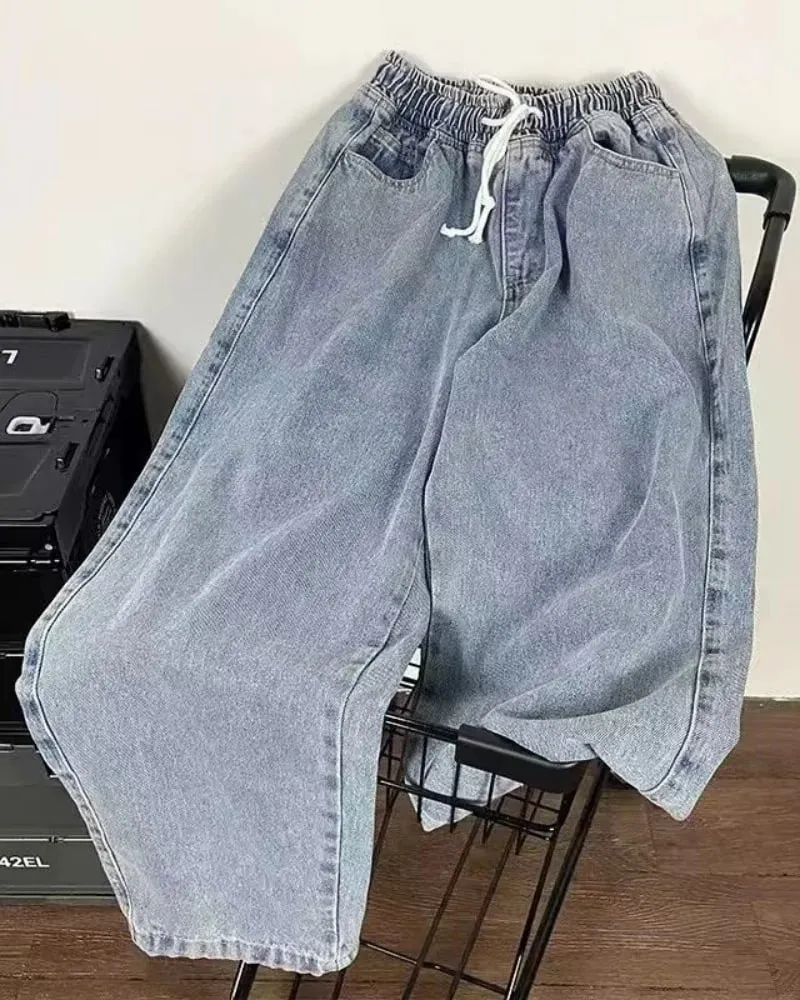 Men's Winter Loose Jeans Elastic Waist Wide Leg Y2K Denim Pants Straight Leg Comfortable Brand Men's Jeans