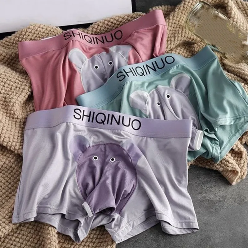 ผู้ชายน่ารักช้างพิมพ์กางเกงบ็อกเซอร์ยืดหยุ่นจดหมายเอว 3D กระเป๋านุ่ม Breathable Daily Sleep Home Casual Comfy ชุดชั้นในสวมใส่ — image 4