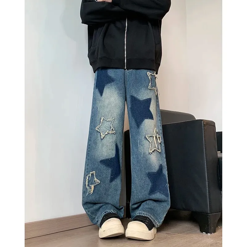 Jeans Men Straight Star Embroidery Patchwork Autumn Jeans Uomo Wide Leg Hip-hop Fashion Youth Neutral Streetwear Denim Trousers — image 8