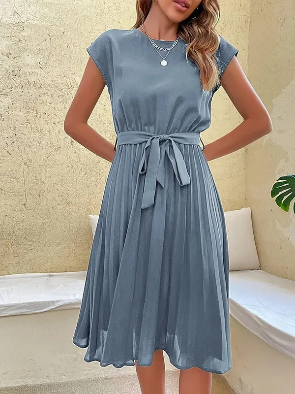Elegant Women Summer Casual Beach Sundress Short Sleeve Pleated Midi Dress Soild Colour O Neck Tunic Dresses Fashion — image 13