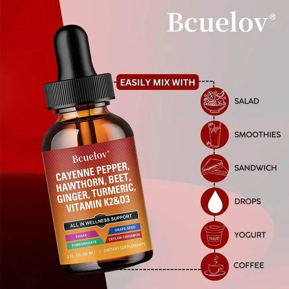 Cayenne Pepper Liquid Drops + Hawthorn Vitamin D3 K2 Ceylon Cinnamon Turmeric Organic Ginseng Supplement for Gut Health — image 7