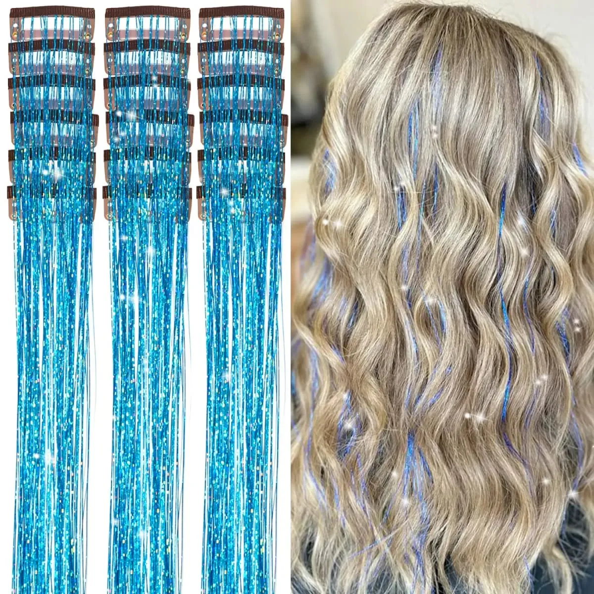 20 Inch Glitter Tinsel Hair Extensions with Clips In 6Pcs/Set Synthetic Clip in Sparkle Fairy Hair Accessories for Women Kids