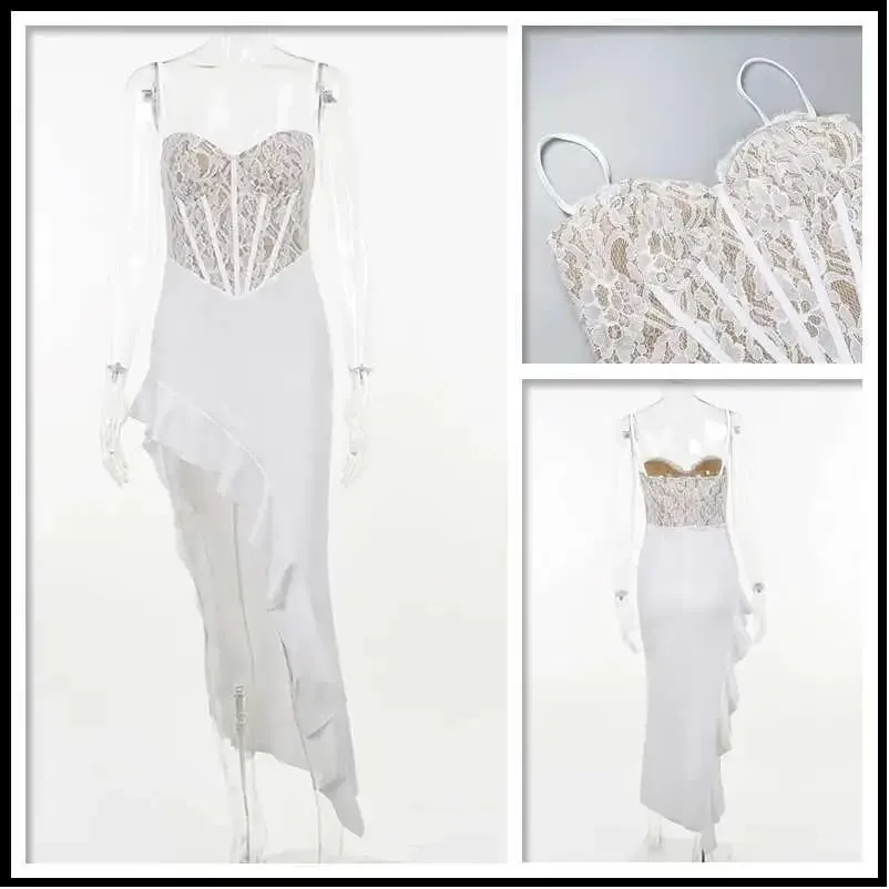 Townlike Ruffles Lace Patchwork Elegant Long Maxi Dress Women Spaghetti Strap 2023 Summer Dress Nightclub Sexy Party Dresses — image 6