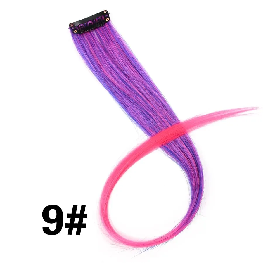 Straight Colored Hair Piece Hair Extensions Clip In Highlight Rainbow Hair Pink Blue Purple Synthetic On Clips For Women Girls — image 15