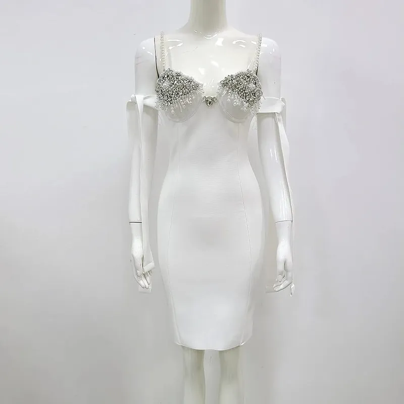 New Women Summer Sexy Backless Pearl Diamonds Crystal Black Mini Bodycon Bandage Dress 2021 Elegant Evening Party Dress Vestido — image 2