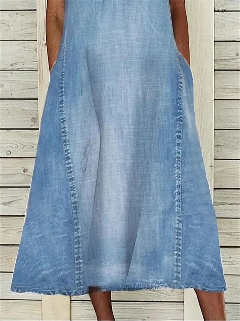 Women Side Double Pocket Deep V Neck Pullover Dress Thin Denim Sleeveless Dresses 2024 Summer Casual Female Office Commuter Gown — image 6