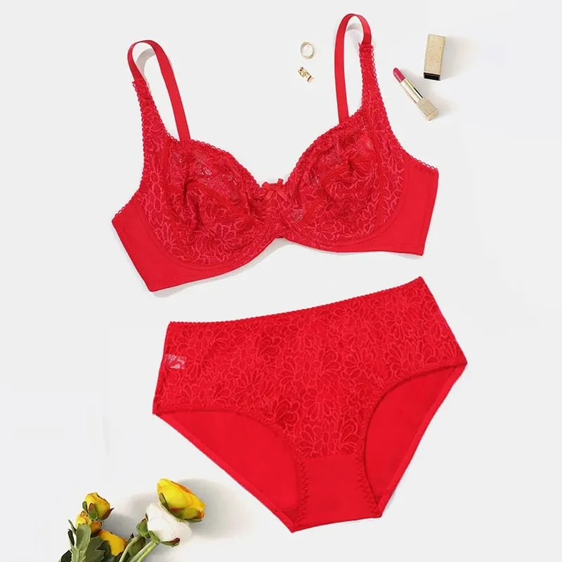 Female Big Size Lace Lingerie Set Bra with Wire Unlined Thin Breathable Bra and Panties Set 85C-110E — image 12