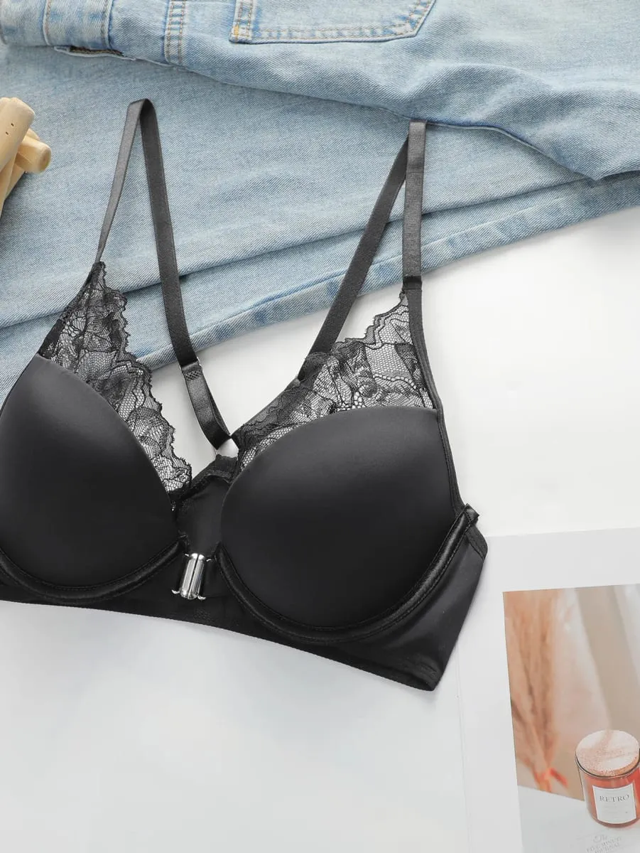 Ladies' Black Front Dutton Beautiful Back With Steel RingLlace Sexy Bra Underwear Thong Underwear Set J2509 — image 4