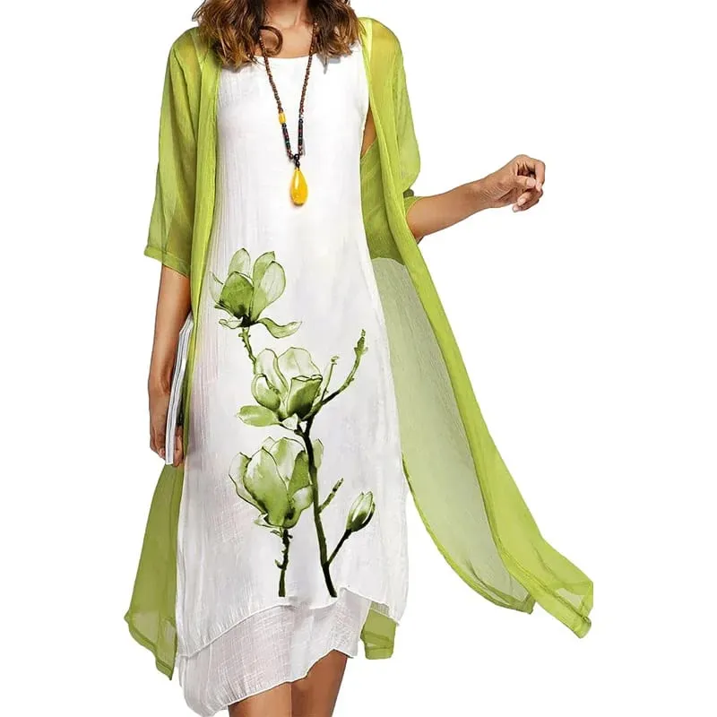 2025 new! Eu-us Summer Women's casual elegance 2 printed crew-neck loose dress sweater coat set — image 3