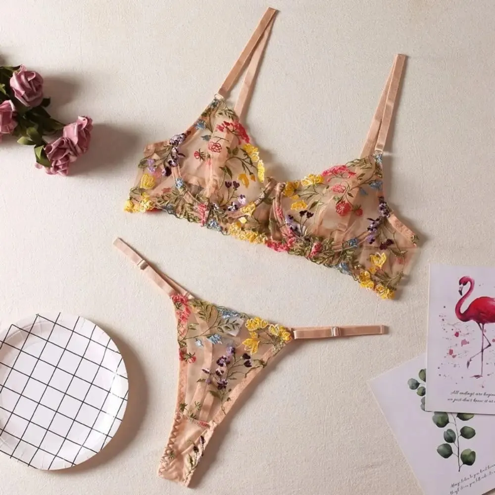 2-Piece Embroidery Lingerie Set Sexy Floral Sheer Wireless Bra Boho Bra Panty Set — image 4