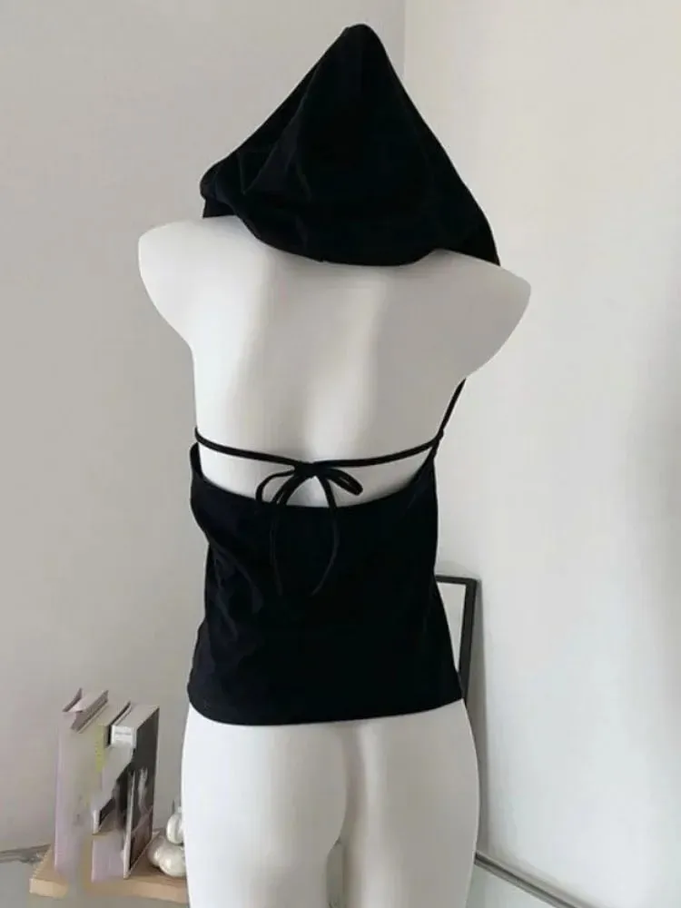 2025 Ropa Mujer Backless Bandage Y2k Tank Top Women Solid Hooded Tunic Casual Camisole Fashion Sexy Korean Summer Cropped Tanks