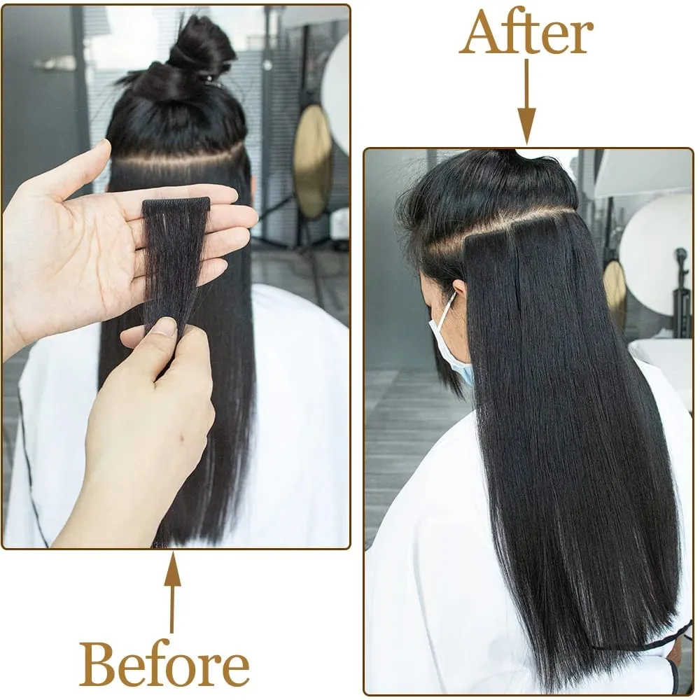 Light Yaki Straight Invisible Tape In Human Hair Extensions 12-20" PU Skin Weft Natural Black 100% Remy Hair Adhesive 20pcs/pack — image 6