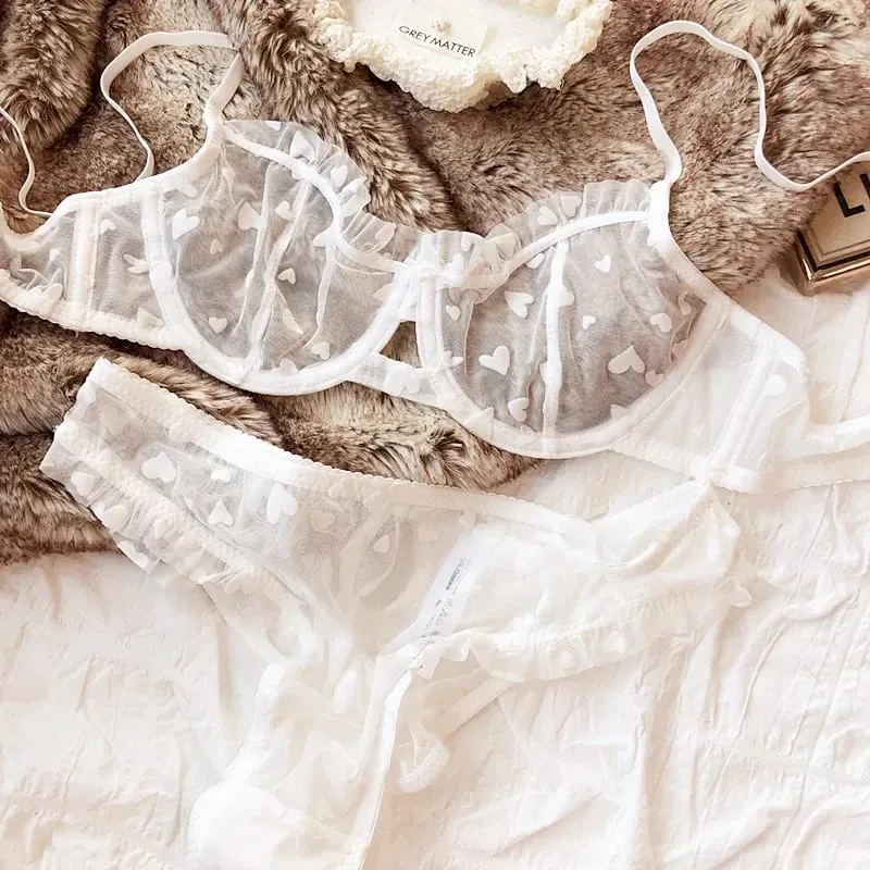2 Pieces Lingerie Set Sexy Ultra Thin Breathable Brassiere for Women Push Up Bra Set Summer Mesh Romantic Peach Heart Intimates — image 13