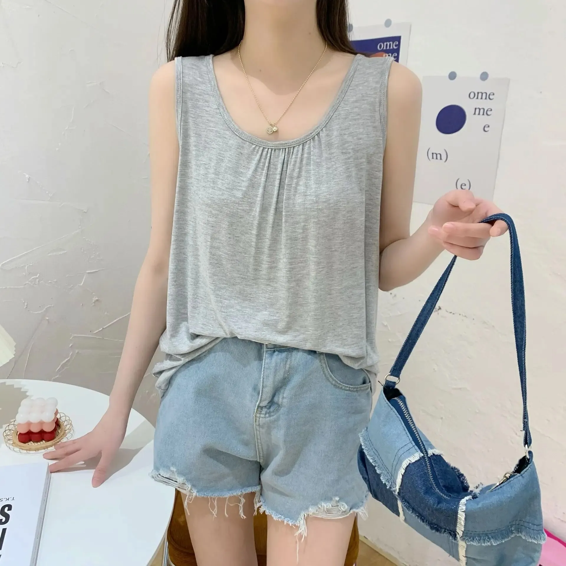 Summer Tank Tops Plus size O-neck Modal Pleated Camis wear inside Tee Tops sleeveless Casual Loose Top All match