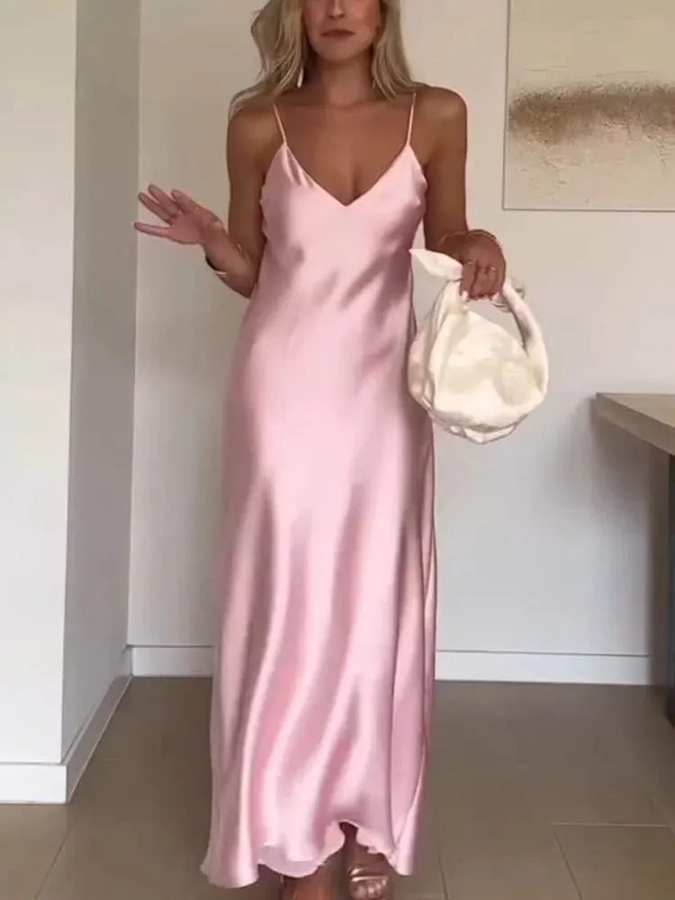 Kobiety Off Shoulder różowe satynowe sukienki Maxi moda bez rękawów Backless Bodycon suknie z wycięciami kobiece wieczorowe szaty imprezowe 2025 — image 2