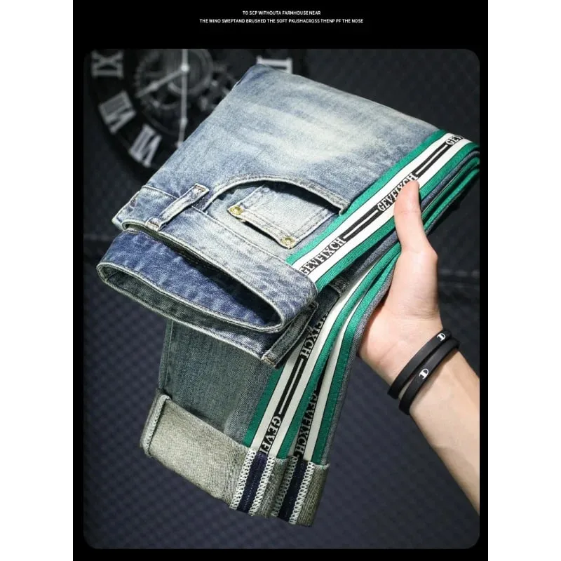 High-End Light Luxury Men's Blue Striped Jeans Men's 2024 Spring Street Versatile Slim Fit Skinny Ripped Trousers — image 4