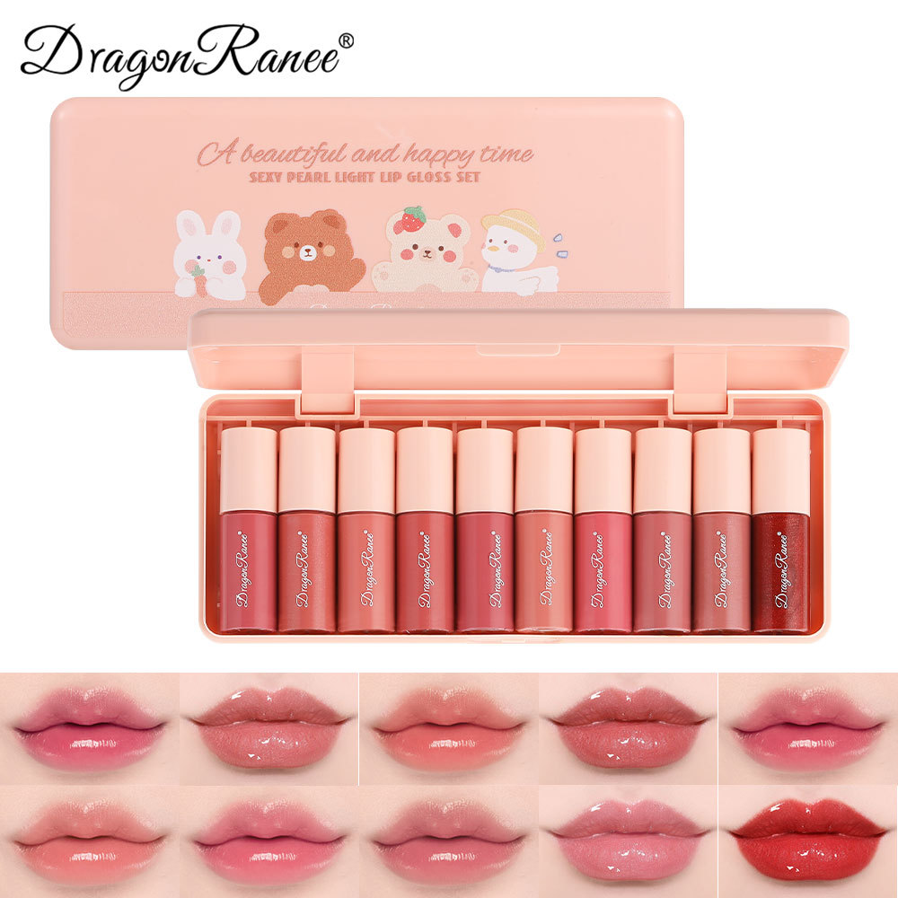 10Pcs/Box Mini Lip Gloss Set Waterproof Cartoon Lip Glaze Long Lasting Moisturizing Mirror Liquid Lipstick Cosmetic Lips Makeup