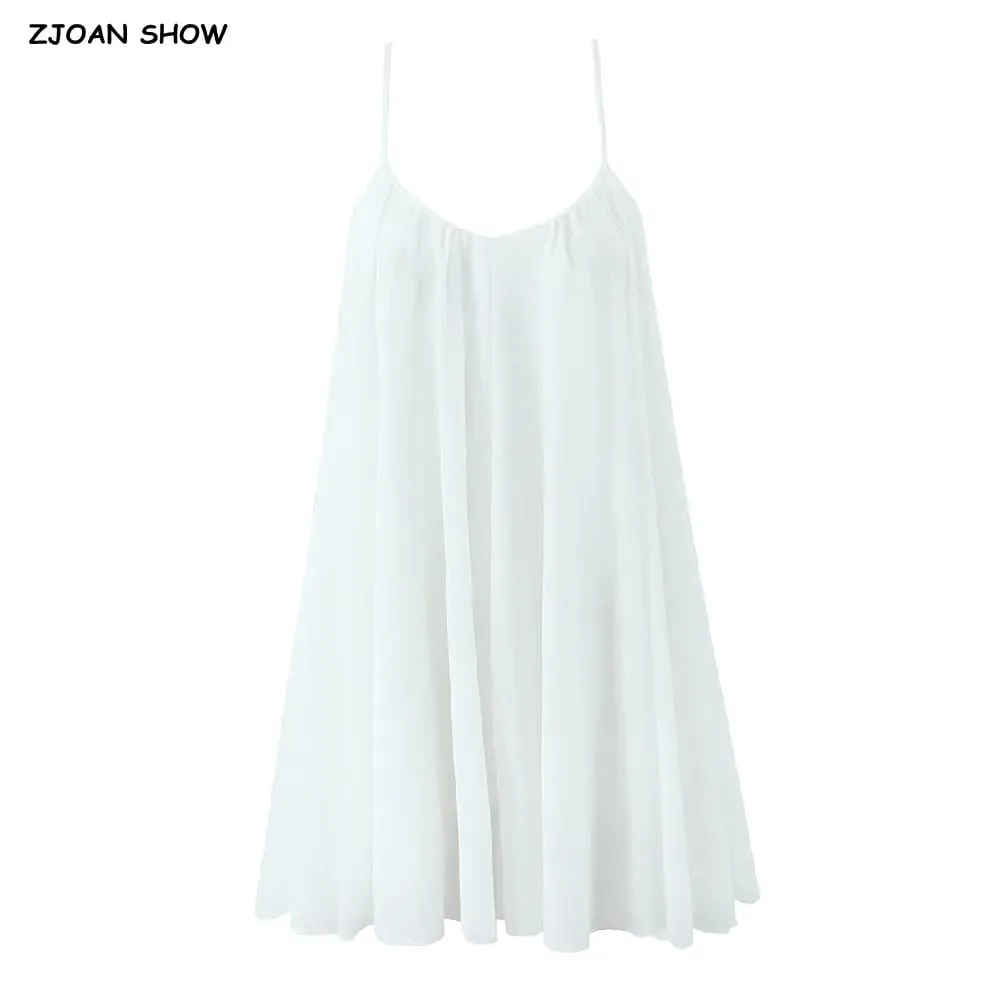 2025 BOHO Kadınlar Beyaz Büyük Backless Sling Elbise O Boyun Geri Fermuar Gevşek Salıncak Mini Kısa Elbiseler Tatil Elbise — image 2