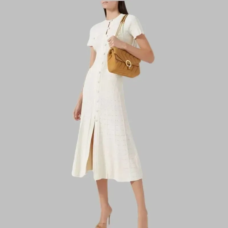 Pakaian Panjang Berkait Gaya Perancis Leher bulat Berongga keluar Skirt Tepi Kayu Elegan Musim Gugur Mewah Wanita Fesyen Pakaian One Piece