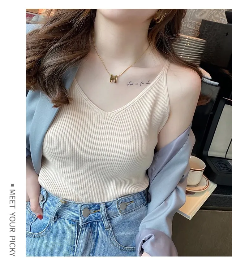 Korea Summer Tops New Solid V-Neck Elastic Knitted Suspender Camis Women's Tanks Clothing Basics Shirt — image 7