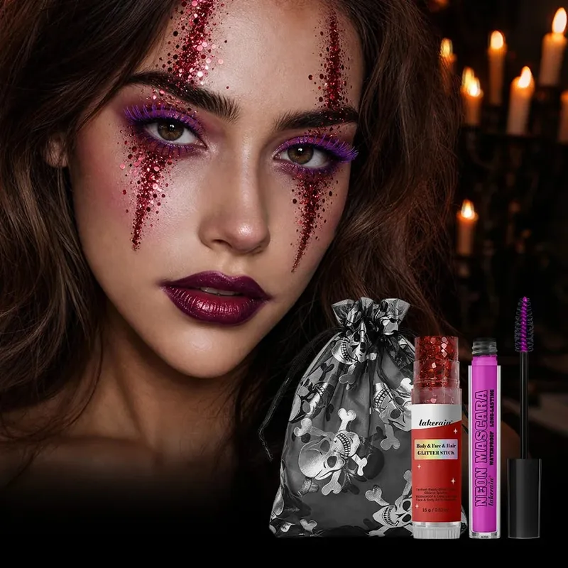 Halloween Eye Makeup Kit Purple Mascara Body Face Hair Glitter Stick with Drawstring Pouch Cosmetic Set Party Costume Festival — image 2