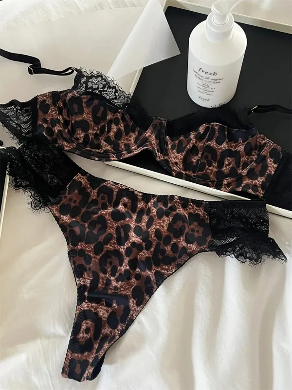 French Underwear Set Leopard Sexy Steel Ring Lace Triangle Cup Bra Brief Suits Vintage Fashion Push Up Lingerie Ins Bodycon