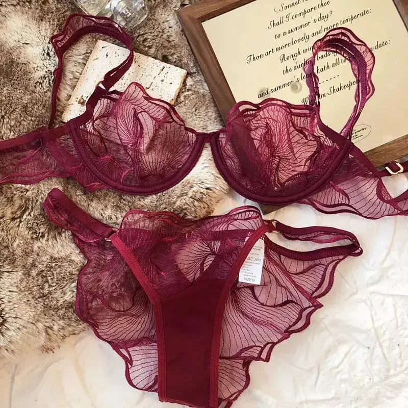 French Floral Embroidery Lace Bra Set For Women Ultra Thin Sheer Minimizer Bra Hollow Out Lingerie Brassiere Lightweight Fabric — image 13