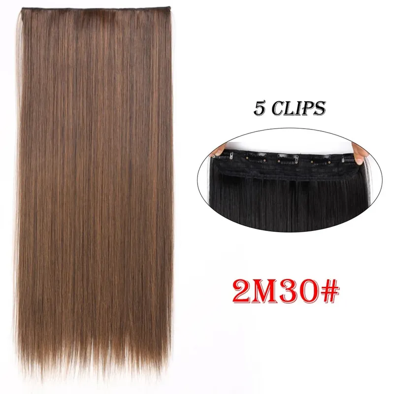 One Piece Clip In Hair Extensions 24" Straight Thick Synthetic Clip In Hairpieces Highlights Black Brown Soft For Women Daily
