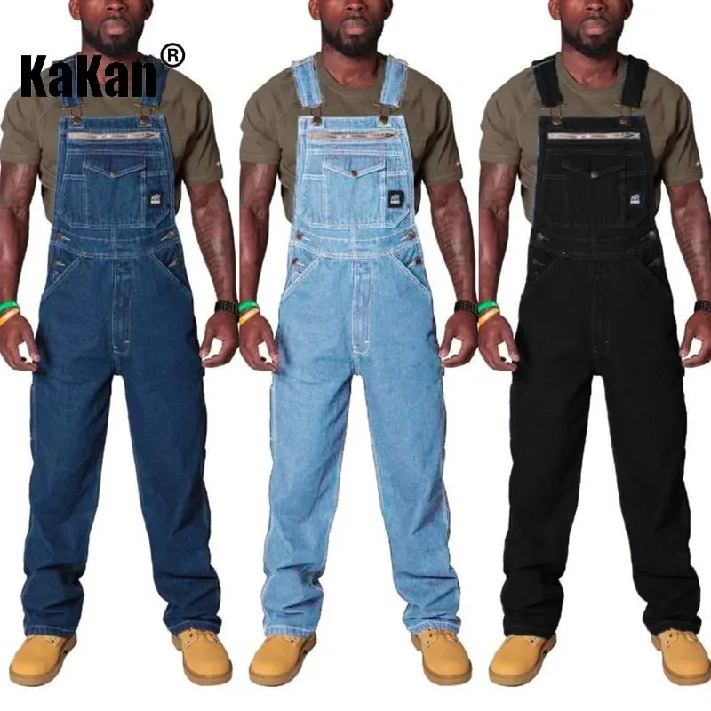 Kakan - New European and American Men's Shoulder Strap Jeans Men's Clothing Blue Multi Pocket Torn Jumpsuit Long Jeans K34-722 — image 3