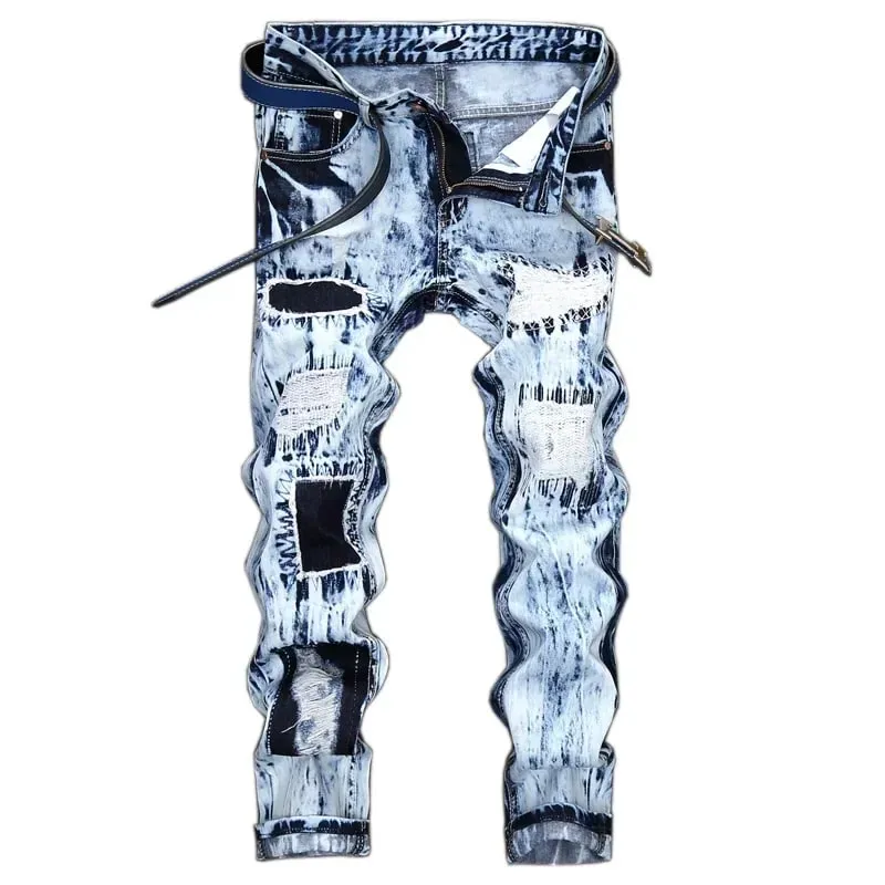 Men's Embroidered Patchwork Ripped Jeans (without Belt) Slim Fashion High Street Motorcycle Denim Pants Male Designer Clothes — image 2