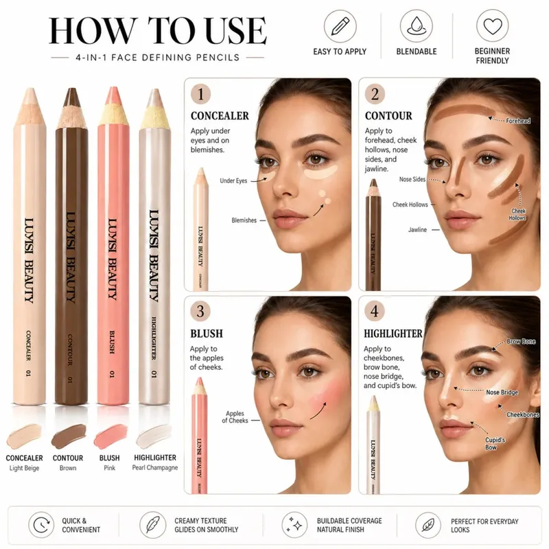 4pcs/Set Face Makeup Pens Concealer+Contour+Blush+Highlighter Waterproof Buildable Coverage Velvet Matte&Pearl Glow-Nourishing.