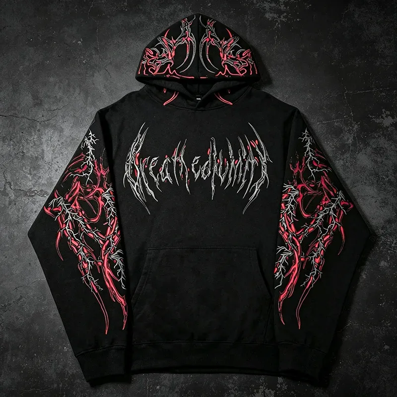 Men Alt Gothic Pullover Hoodie Y2k High Street American Style Dark Thorn Print Fleece Lined Loose Biker Fall Winter Sweatshirt — image 28