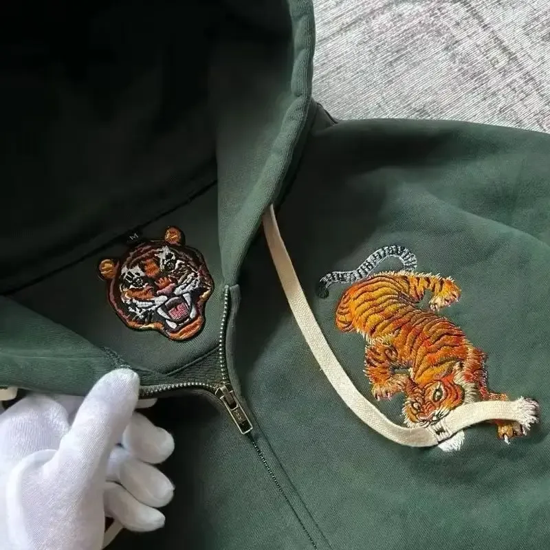 Y2K Tiger Claw Embroidery Vintage Double Zipper Loose Hoodie Sweatshirt untuk Lelaki dan Wanita Harajuku Trendy Kasual Street Style