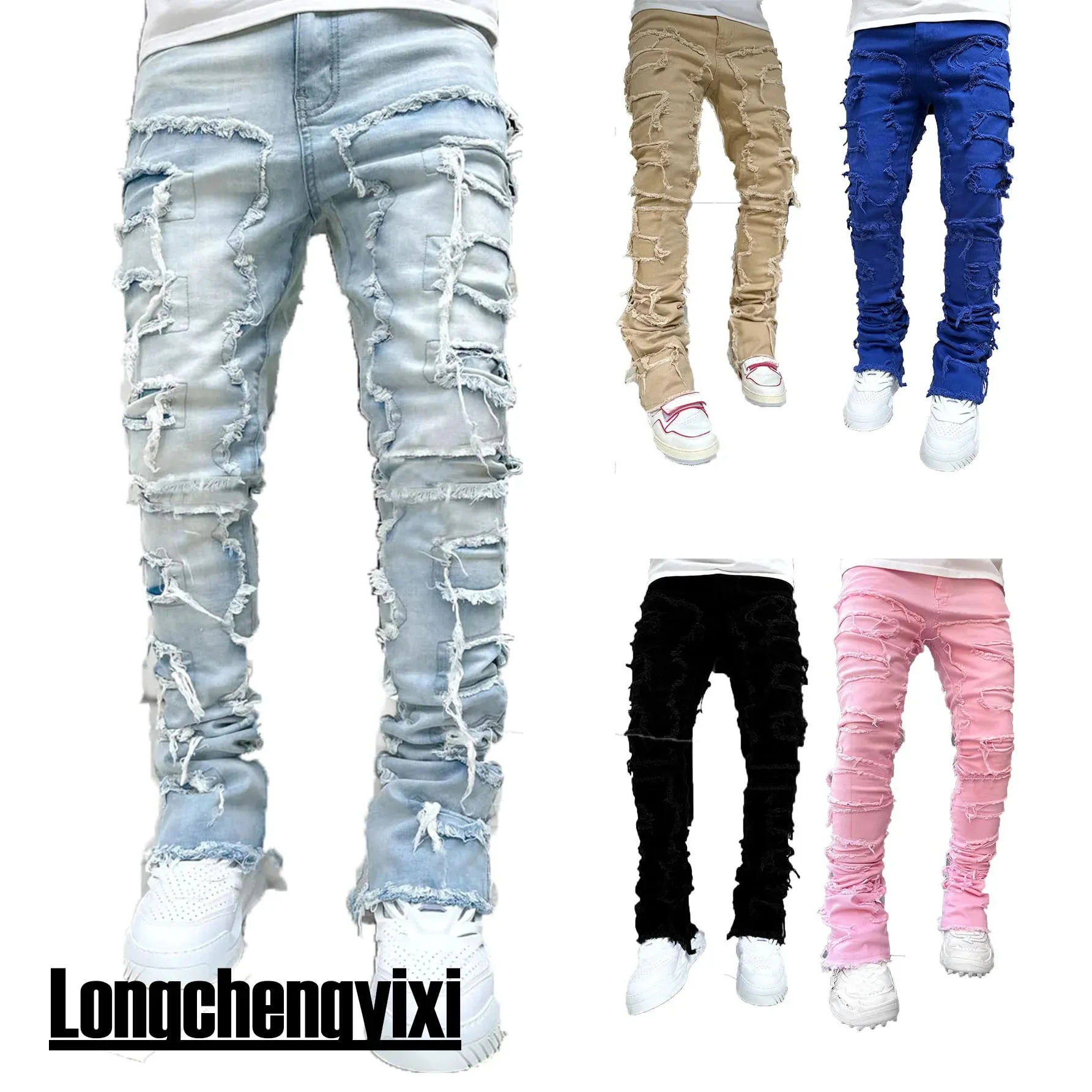 Men's Regular Fit Stacked Jeans Ripped Slim Fit Patch Distressed Destroyed Straight Denim Pants Hip Hop Streetwear Trouser Cloth — image 2