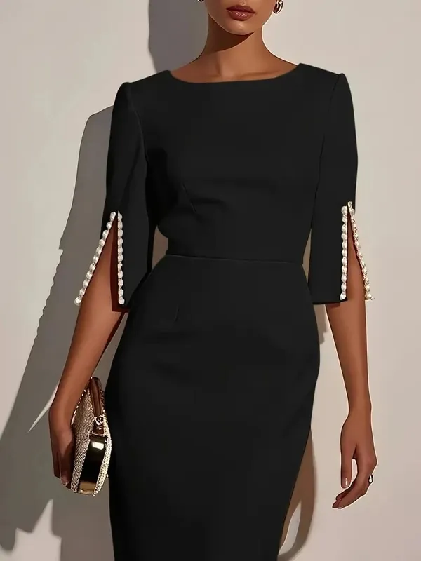 Women's Solid Color Elegant Round Neck Half Sleeve Beaded Decorated Slim Fit Midi Dress — image 3
