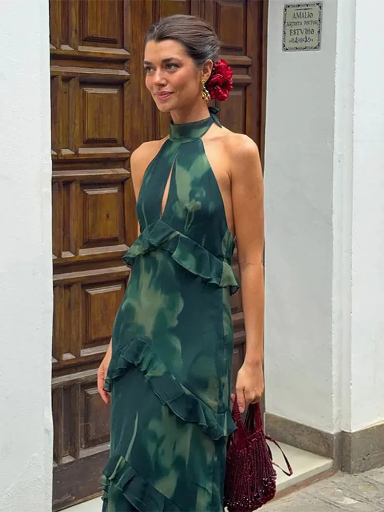 Blomstertryk Halter Neck Cutout Maxikjole Tiered Flæser Ærmeløs 2026 Sommer Kvinder Feriekjole Mode Boho Lady Vestido — image 4
