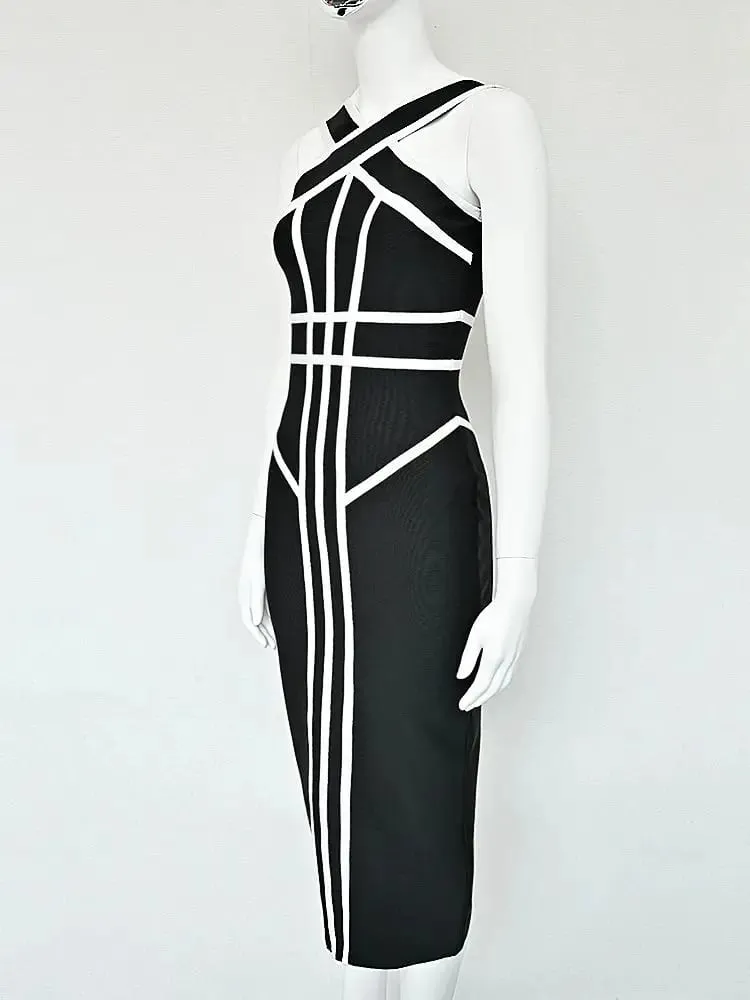 Classic White And Black Stripes Bandage Long Evening Dress Luxury Contrast Vintage Woman Bodycon Elastic Dress Slim Midi — image 5