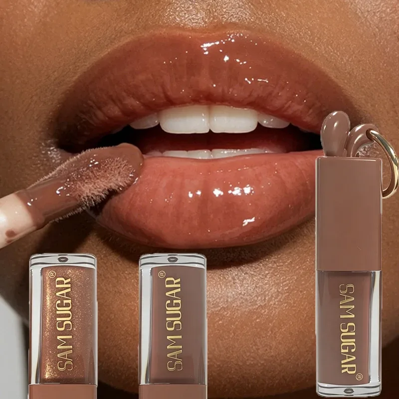 1pc Mirror Gold Shiny Brown Rabbit Lip Gloss Moisturizing Plumping Lip Gloss Liquid Lipstick Matte Chocolate Brown Lip Tint Tone