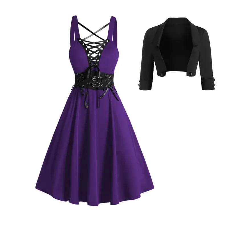 2025 Womens Gothic Dresses Sets Solid Color Open Front Crop Jacket and Lace Up Buckle Strap Crisscross Dress Outfit — image 9