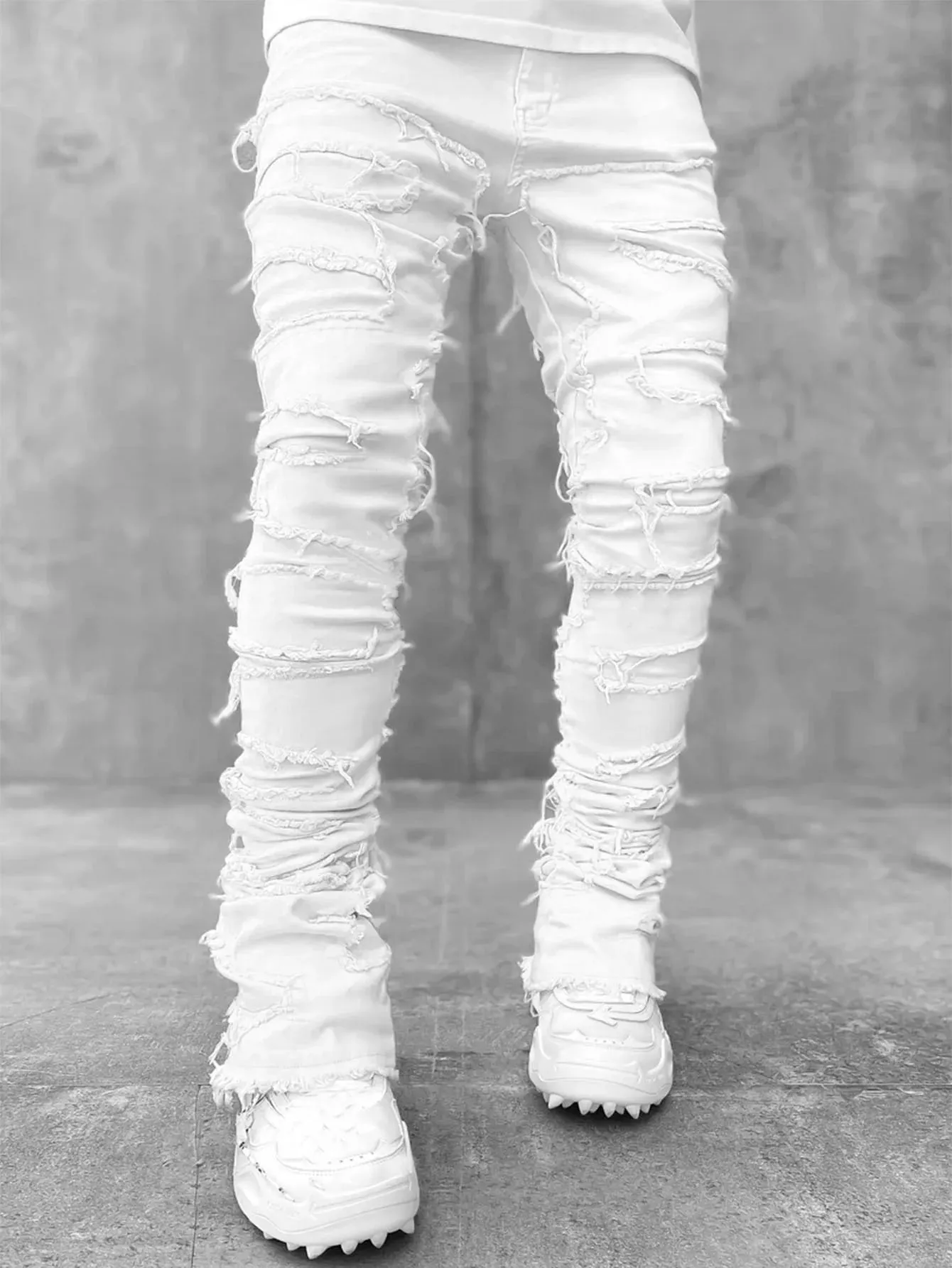 Men's Regular Fit Stacked Jeans Ripped Slim Fit Patch Distressed Destroyed Straight Denim Pants Hip Hop Streetwear Trouser Cloth — image 5