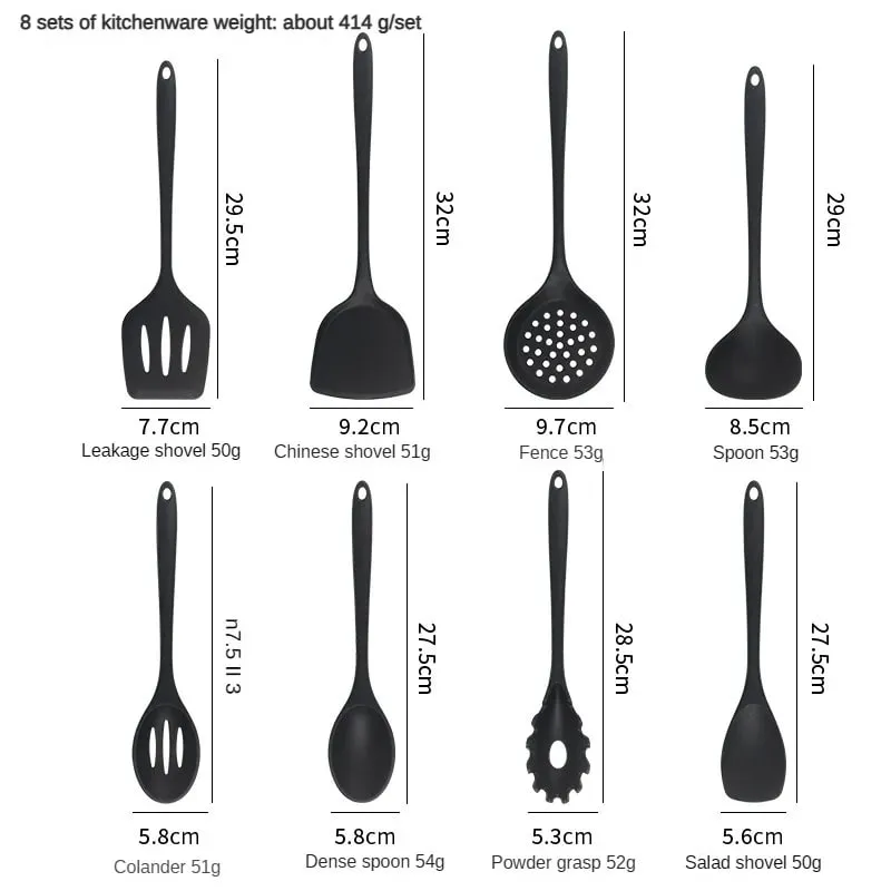 8ps Household black Silicone kitchenware 8-piece set of Chinese spaghetti spoon salad spaghetti spaghetti spaghetti，Rice spoon，