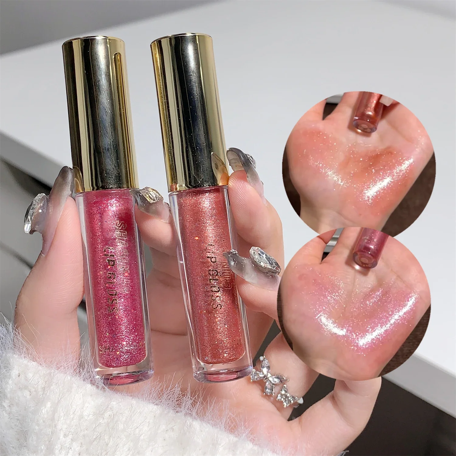 Pearl Diamond Glitter Lip Glaze Long-lasting Moisturizing Plumping Gloss Lip Tint Oil Makeup Mirror Water Light Liquid Lipsticks