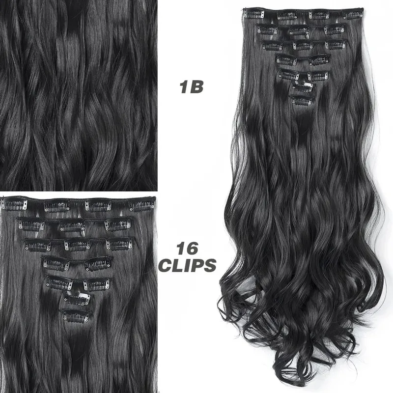 Synthetic 7Pcs/Set 22" Wavy Hairpiece Straight 16 Clips Hair Extensions Heat Resistant Styling False Hair