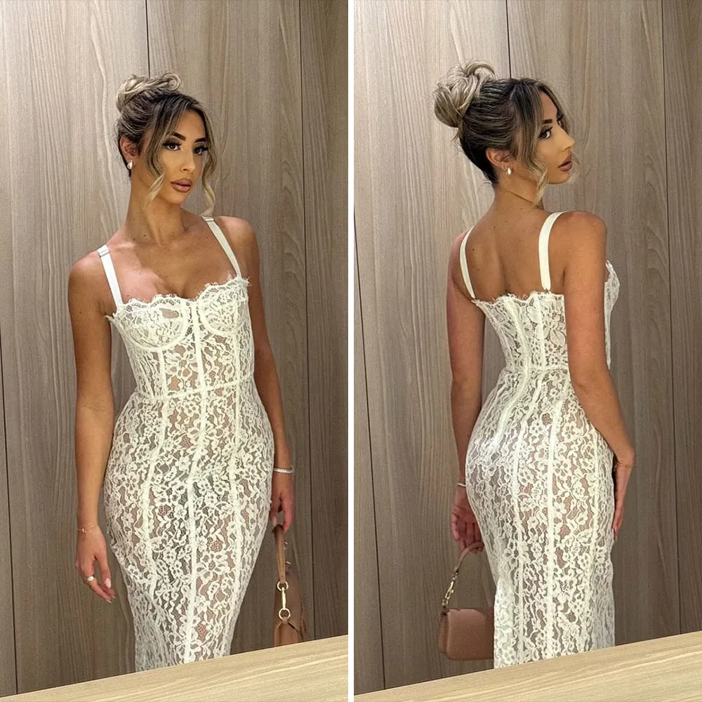Fashionable Elegant Lace Corset Maxi Dress Vintage Spaghetti Strap Bustier Bodycon Evening Gown for Dinner Party Wedding Guests